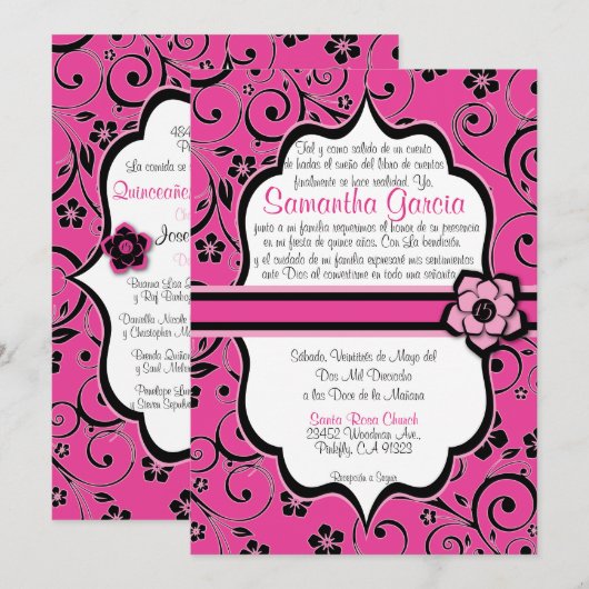 Roze en zwarte Spaanse Quinceañera Kaart (Voorkant / Achterkant)