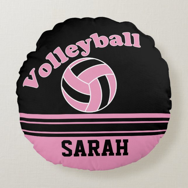 Roze en zwarte sport Volleyball | DIY-naam Rond Kussen (Voorkant)