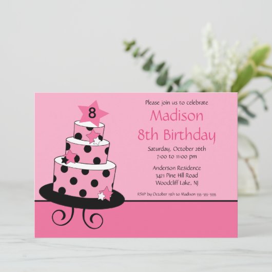 Roze en zwarte Star Cake Birthday Uitnodiging (Staand voorkant)