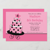 Roze en zwarte Star Cake Birthday Uitnodiging (Voorkant / Achterkant)