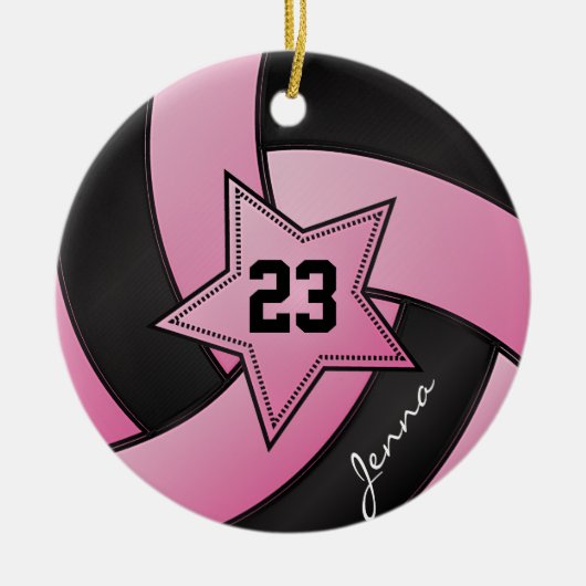 Roze en zwarte Star Volleyball Keramisch Ornament (Voorkant)