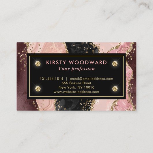 Roze en zwarte steen met Gold Glitter Agate Visitekaartje (Achterkant)