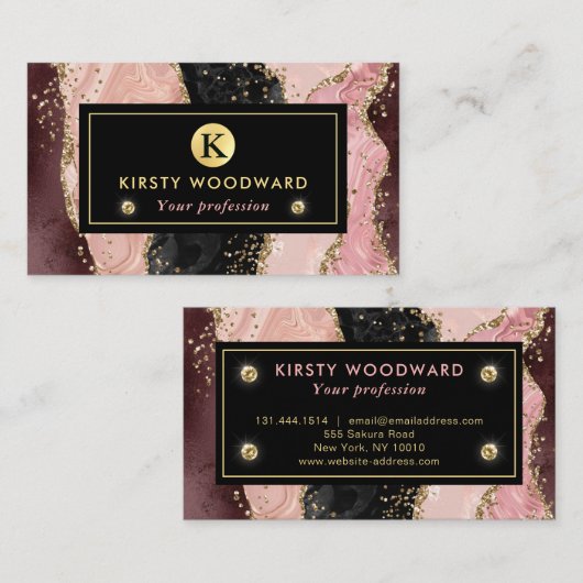 Roze en zwarte steen met Gold Glitter Agate Visitekaartje (Voorkant / Achterkant)