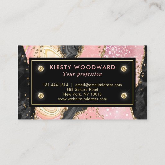 Roze en zwarte steen met Gold Glitter Agate Visitekaartje (Achterkant)