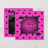 Roze en zwarte sterren Sweet Sixteen-uitnodiging Kaart (Voorkant / Achterkant)