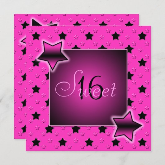Roze en zwarte sterren Sweet Sixteen-uitnodiging Kaart (Voorkant / Achterkant)