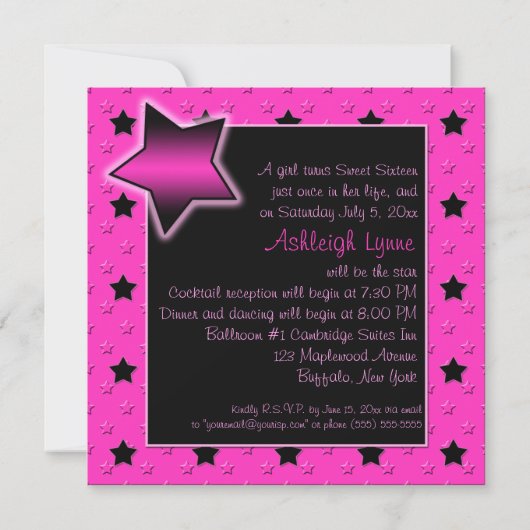 Roze en zwarte sterren Sweet Sixteen-uitnodiging Kaart (Achterkant)