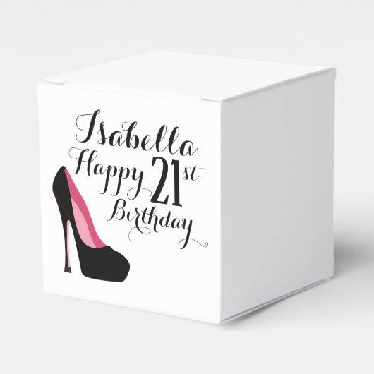 Roze en zwarte Stiletto Happy Birthday Bedankdoosjes (Voorkant Zijde)