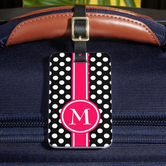 Roze en Zwarte Stip Monogram Bagagelabel (Voorkant Insitu 2)