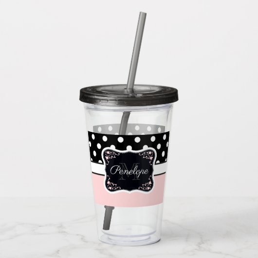 Roze en zwarte Stippen Acryl Drinkbeker (Achterkant)