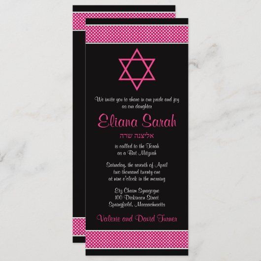 Roze en Zwarte Stippen Bat Mitzvah Uitnodiging (Voorkant / Achterkant)