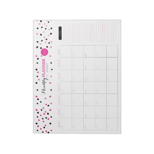 Roze en zwarte Stippen Maandelijkse Planner Notitieblok (Linkerzijde)