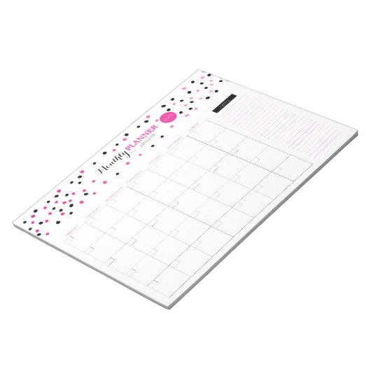Roze en zwarte Stippen Maandelijkse Planner Notitieblok (Schuin)