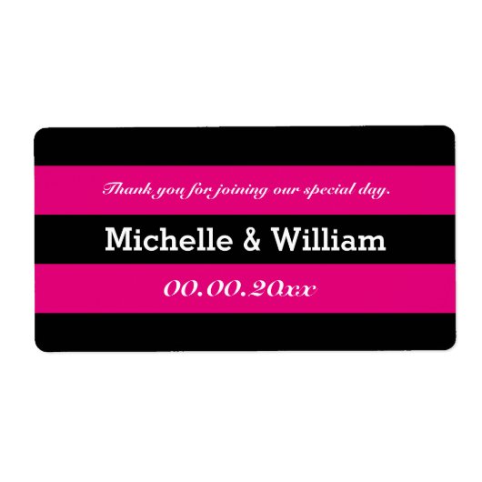 Roze en zwarte streep bruiloft water fles labels (Voorkant)