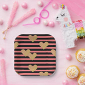 Roze en zwarte strepen Valentijn Papieren Bordje (Feest)