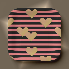 Roze en zwarte strepen Valentijn Papieren Bordje