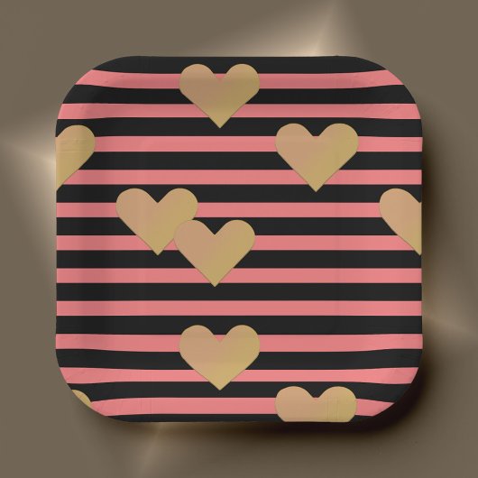 Roze en zwarte strepen Valentijn Papieren Bordje