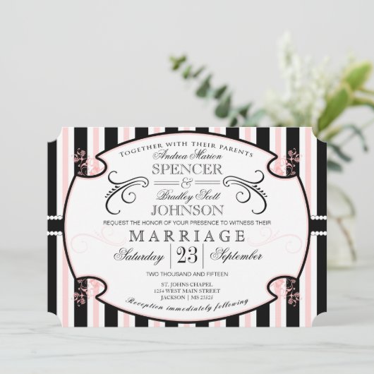 Roze en zwarte striped Typography Wedding Invite Kaart (Staand voorkant)
