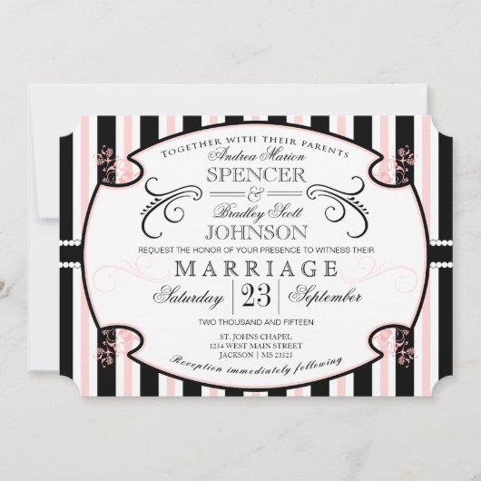 Roze en zwarte striped Typography Wedding Invite Kaart (Voorkant)