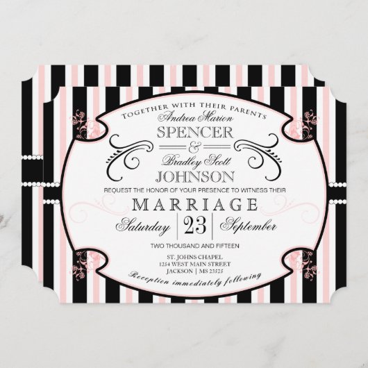 Roze en zwarte striped Typography Wedding Invite Kaart (Voorkant / Achterkant)