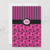 Roze en zwarte strips Monogram Damask Invitation Kaart (Voorkant)