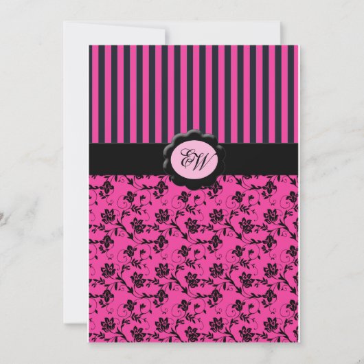 Roze en zwarte strips Monogram Damask Invitation Kaart (Voorkant)