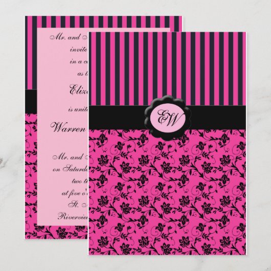 Roze en zwarte strips Monogram Damask Invitation Kaart (Voorkant / Achterkant)