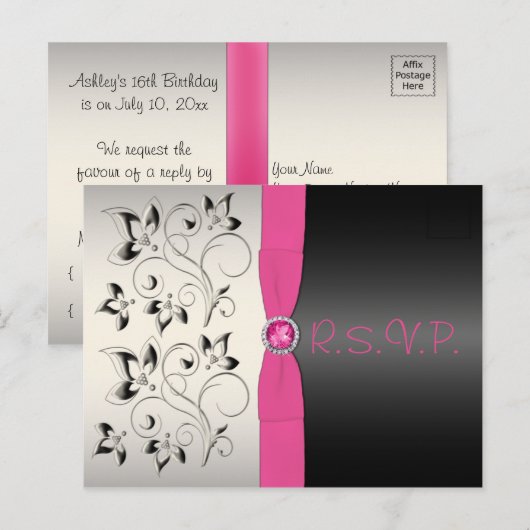 Roze en zwarte Sweet 16 RSVP Briefkaart (Voorkant / Achterkant)