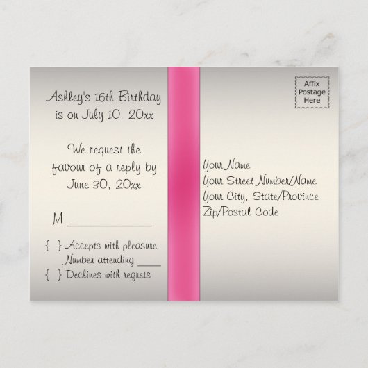 Roze en zwarte Sweet 16 RSVP Briefkaart (Achterkant)