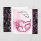 Roze en Zwarte Sweet Sixteen Masquerade Party Kaart (Voorkant / Achterkant)