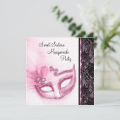 Roze en Zwarte Sweet Sixteen Masquerade Party Kaart (Staand voorkant)
