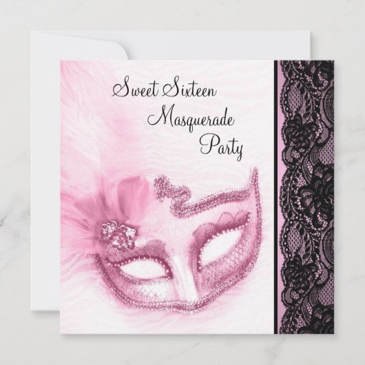 Roze en Zwarte Sweet Sixteen Masquerade Party Kaart (Voorkant)