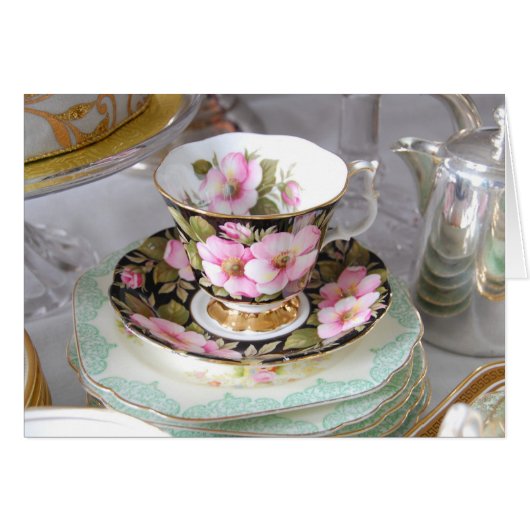  Roze en Zwarte Teacup en Saucer (Voorkant Horizontaal)