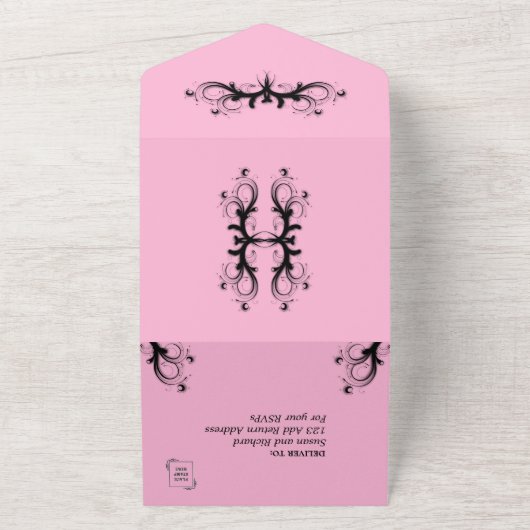 Roze en zwarte triviste w Rsvp Wedding All In One Uitnodiging (Buitenkant)