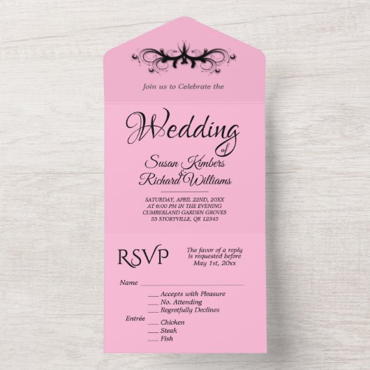 Roze en zwarte triviste w Rsvp Wedding All In One Uitnodiging (Binnen)