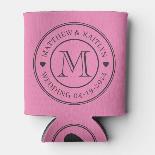 Roze en Zwarte Trouw Monogram Hart Blikjeskoeler (Voorkant)
