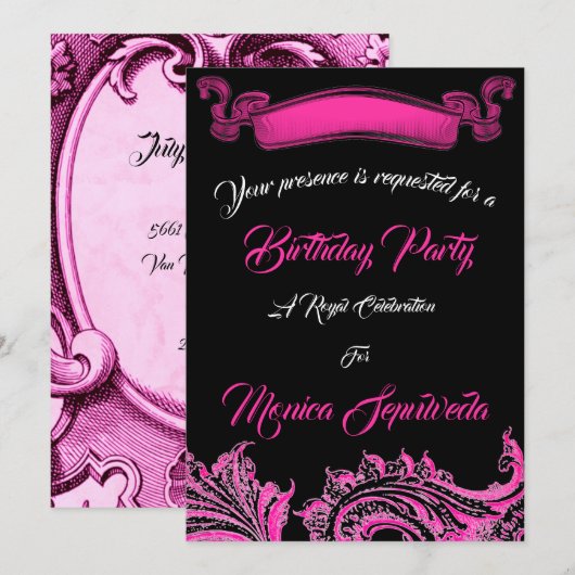 -roze en zwarte uitnodiging van de Birthday Party (Voorkant / Achterkant)