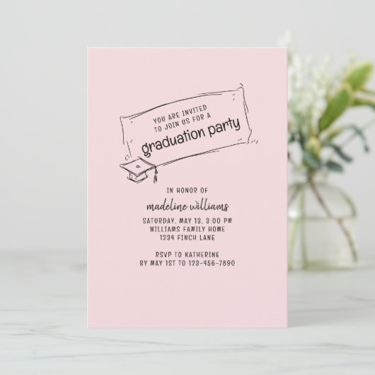 Roze en zwarte uitnodiging voor afstudeerfeest (Staand voorkant)