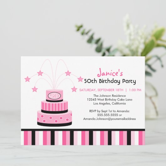 Roze en zwarte uitnodiging voor de 50e verjaardag (Staand voorkant)