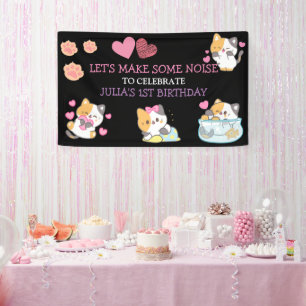 Roze en zwarte verjaardagsbanner voor babymeisjes spandoek