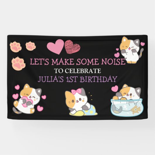 Roze en zwarte verjaardagsbanner voor babymeisjes spandoek (Horizontaal)