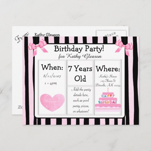 Roze en zwarte verjaardagsfeest Briefkaart (Voorkant / Achterkant)