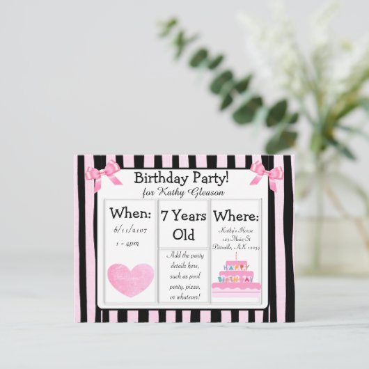 Roze en zwarte verjaardagsfeest Briefkaart (Staand voorkant)