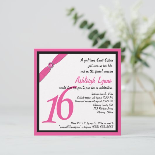 Roze en Zwarte Vierkant Zachte Zestien Uitnodiging (Staand voorkant)