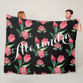 Roze en zwarte vintage roospatroon fleece deken