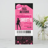 Roze en zwarte VIP Sweet 16 Ticket Party Kaart (Staand voorkant)