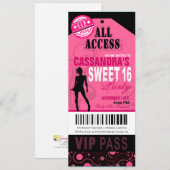 Roze en zwarte VIP Sweet 16 Ticket Party Kaart (Voorkant / Achterkant)