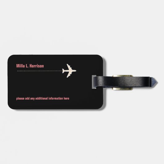 roze en zwarte vliegtuigen reizen weer terug bagagelabel (Achterkant horizontaal)