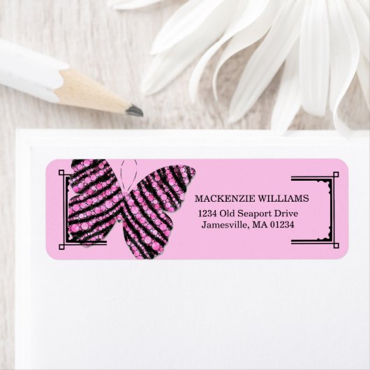 Roze en Zwarte Vlinder Retouradreslabels Etiket (Insitu)