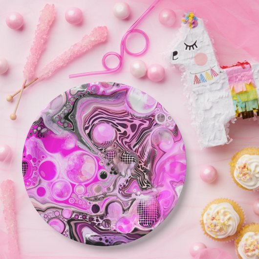 Roze en zwarte vlot kunstkleurschildereffect papieren bordje (Feest)